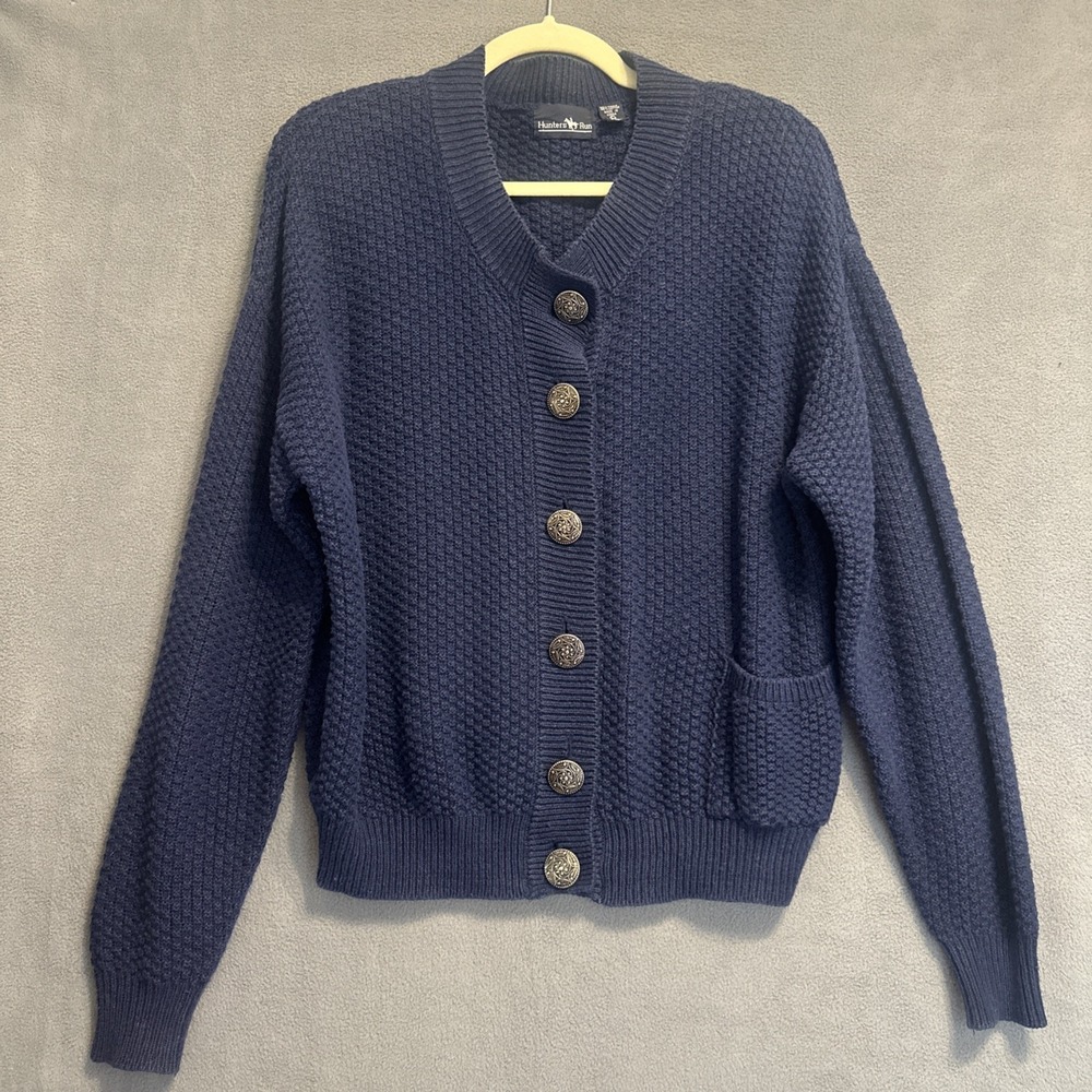 Hunters Run Cardigan Womens L Navy Blue Vintage 90s Boxy Medallion Preppy Knit